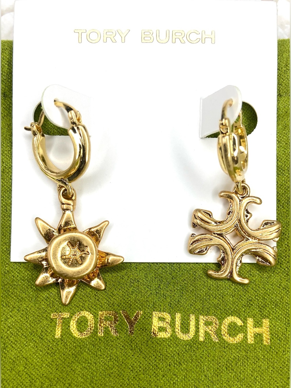 Tory Burch Gold Mismatched Sun & Logo Drop Hoop Earrings